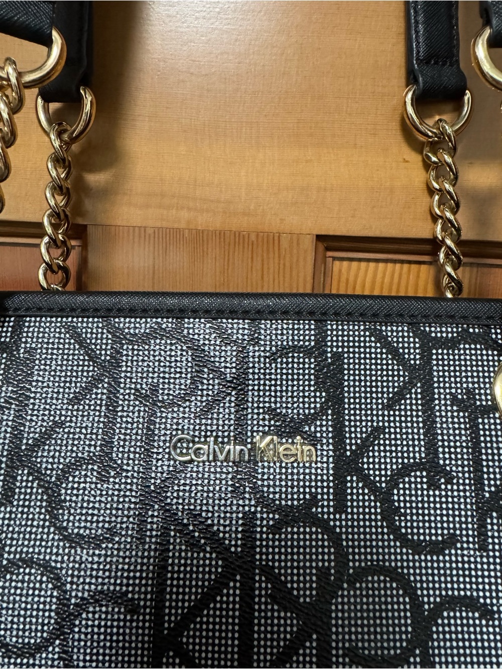 Calvin Klein Black Signature Logo Shoulder Tote with Gold Chain Straps